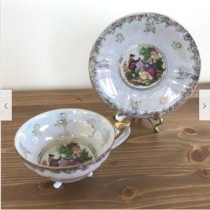 Vtg Japan Bone China Footed Teacup & Saucer Iridescent Rococo Minstrel Design